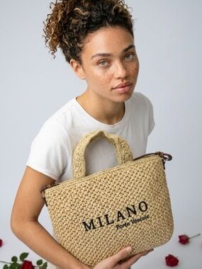H&M Beige Woven Tote with Black Logo